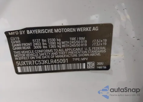 2019 BMW X3 Sdrive30I z USA, uszkodzony, nr VIN 5UXTR7C53KLR45091